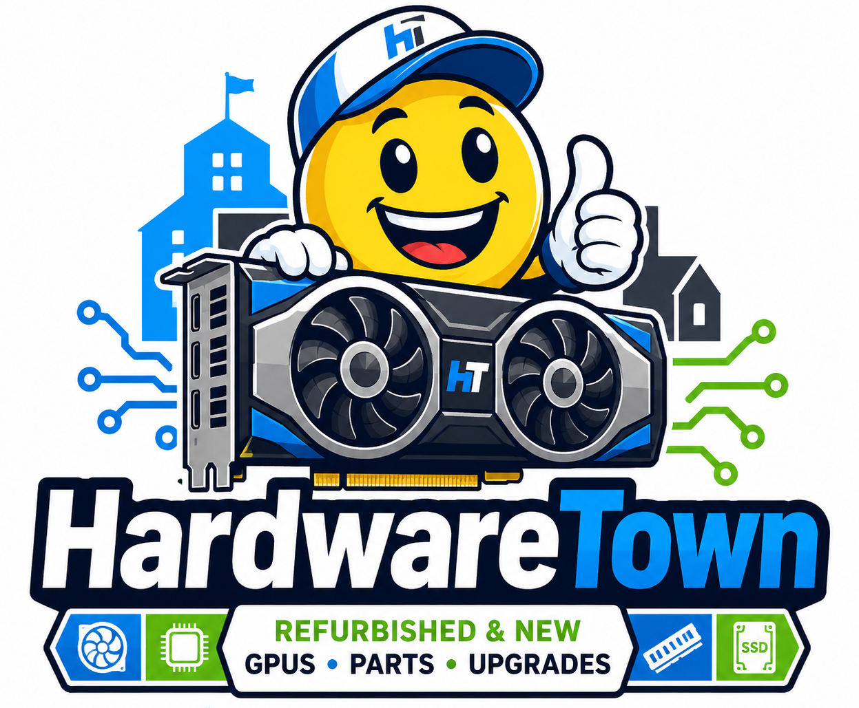 HardwareTown mascot holding a graphics card